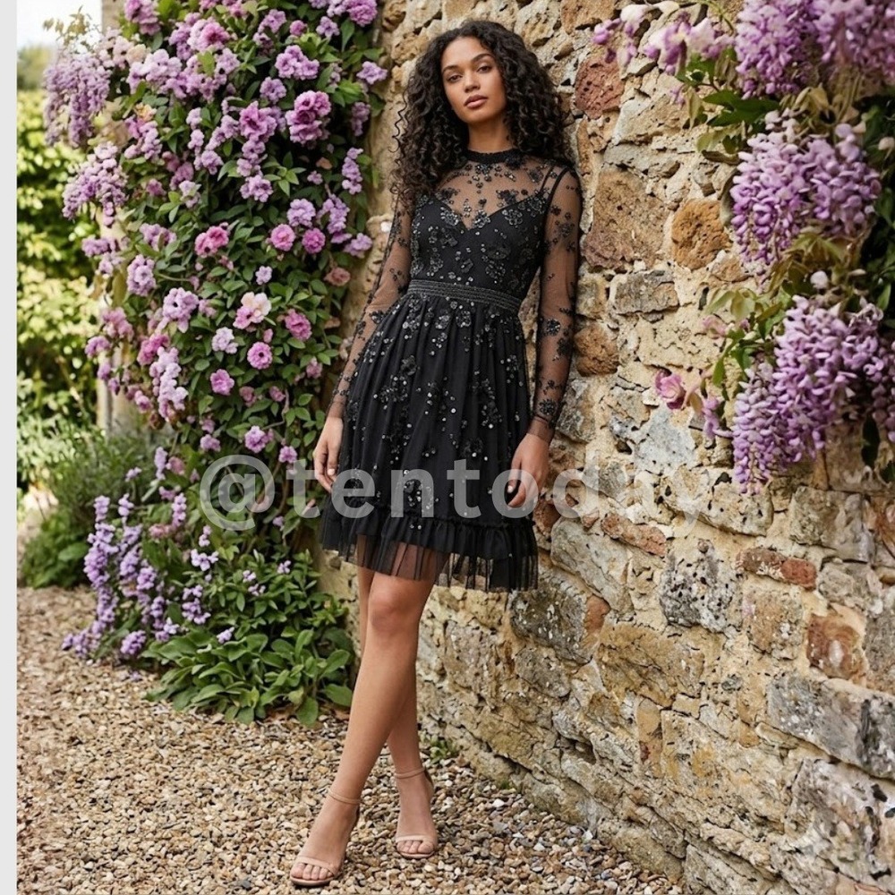 Mac Duggal Size 10 Black Floral Long Sleeve Embellished Ruffle Formal Dress